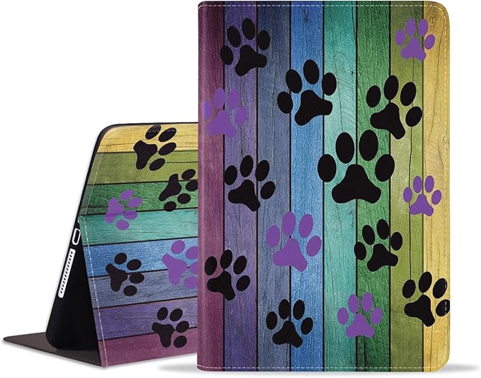 WEUIUJKILO Case for iPad (A16) 11th Generation 11 Inch 2025, iPad 10th Generation 10.9 Inch 2022, Slim PU Leather Folding Stand Smart Cover with Auto Sleep/Wake, Dog Paw Prints on Wood Pattem