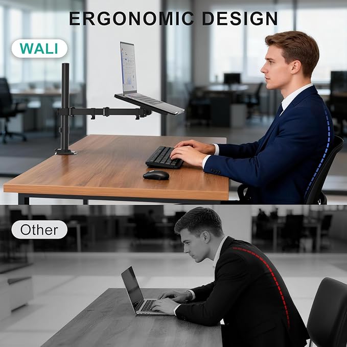 WALI Laptop Desk Mount for 17 inch Notebook, Adjustable Single Monitor Arm with Laptop Holder for 32 inch Screen, Laptops Stand with Ventilated Tray, Up to 22 lbs, (M00LP), Black