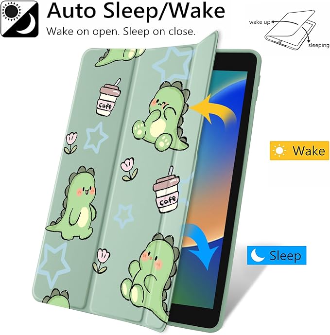 JOYLAND Lovely Dinosaur Pattern Case for 9.7" iPad 5th/6th Generation（2017/2018）,Clear Acrylic Hard Back Case with Pencil Holder Trifold Stand Tablet Cover (Model Number:A1822 A1823 A1893 A1954)