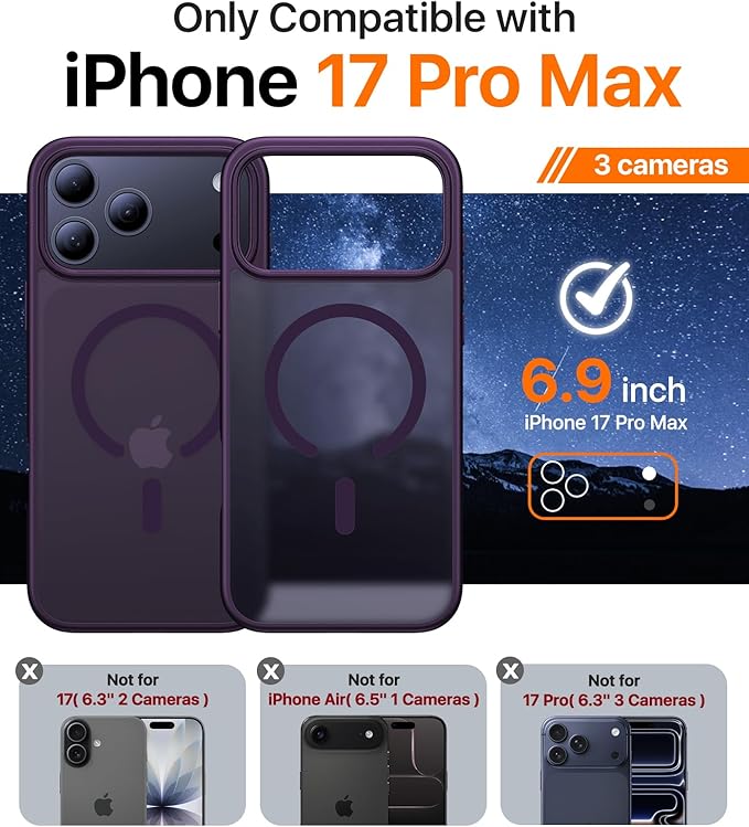Magnetic for iPhone 17 Pro Max Case,[Anti-Slip][Compatible with MagSafe][Military Grade Drop Protection] Shockproof Protective Translucent Phone Case for iPhone 17 Pro Max Case,Deep Purple