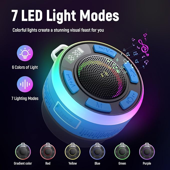 IPX7 Waterproof Shower Bluetooth Speaker, Portable Small Speaker with Suction Cup and Time Display, Loud Crystal Sound & Bass 10H Playtime 1100mAh, Wireless Shower Speakers for Pool, Beach Gift Blue