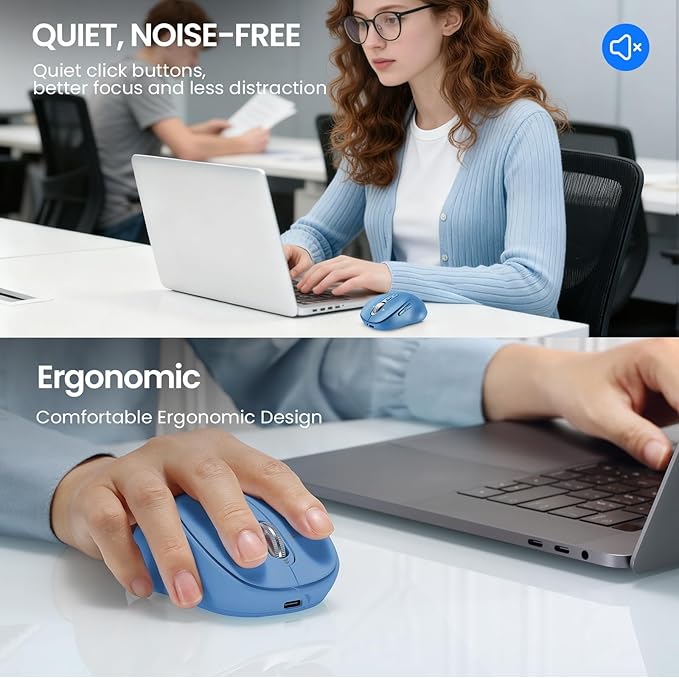 Wireless Bluetooth Mouse Rechargeable,USB+BT×2,Multi Device Quiet Ergo Computer Mouses,Metal 4-Way Super Scrolling,± 3200 DPI,10 Button,Plug&Play,Cordless Mice for Laptop,Tablet,Mac,iPad,PC,Phone-Blue