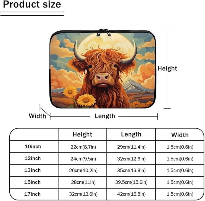 Highland Cattle Computer Sleeve for Women Men Laptop Sleeve 13 inch Neoprene Laptop Covers with Padded Compartment Lap Top Case Sunflower Computer Carrying Bag Brown