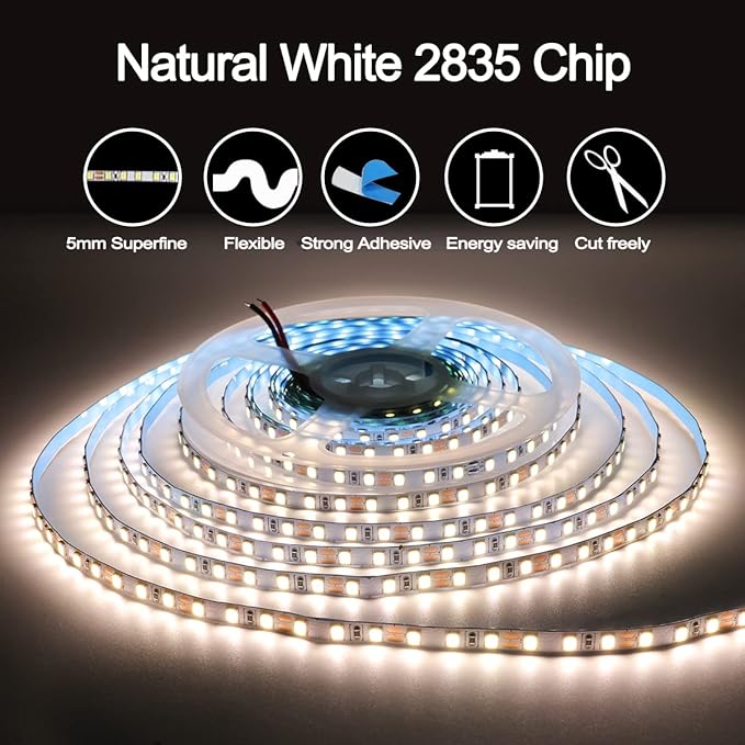 12V LED Strip Lights, 5mm Wide Ultra Narrow Natural White 4000K 16.4ft SMD 2835 IP20 120 LEDs/M, Total 600 LEDs Rope Light Strip for Bedroom, Kitchen, Advertising Decoration