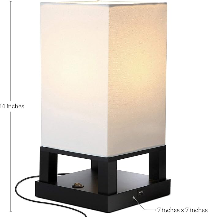 Brightech Maxwell Bedside Lamp with USB Port – Compact Table Lamp for Bedroom, Living Room - Modern Asian Nightstand Lamp with Wood Frame - LED Bulb, Soft Light - Black