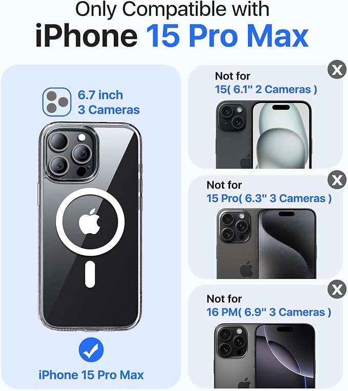Magnetic for iPhone 15 Pro Max Case[Compatible with MagSafe][Military-Grade Drop Protection][Anti-Yellowing]Shockproof Protective Translucent Matte Cover for iPhone 15 Pro Max Phone Case,Clear