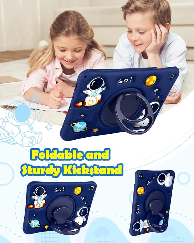 Wazzasoft for Samsung Galaxy Tab A7 Lite 8.7” Case Boys Cute Astronaut Cover Kawaii 3D Cartoon Spacemen Girls Cool with Rotating Handle Stand + Strap Soft Silicone Funda for Galaxy A7 Lite Table Cases