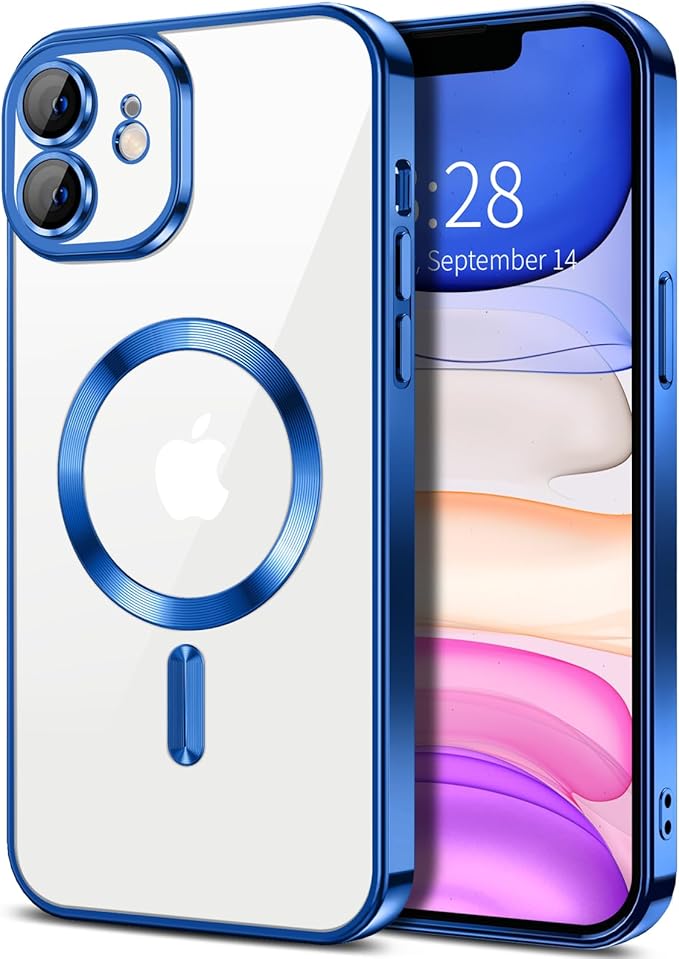 Hython Magnetic Clear for iPhone 11 Case with Camera Lens Protector [Compatible with MagSafe] Luxury Plating Edge Slim Soft TPU Cover Protective Phone Case for iPhone 11 6.1", Deep Blue