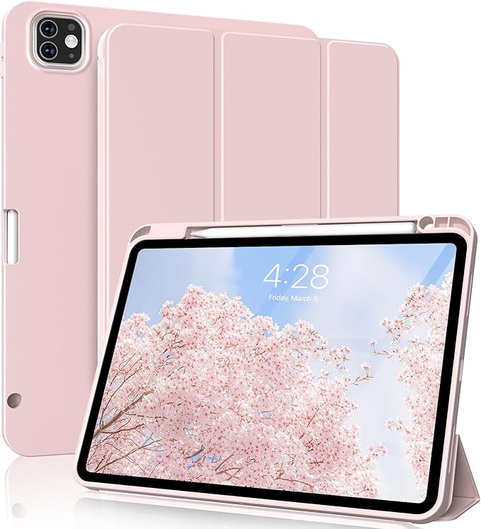 for iPad Pro 12.9 Case (6th/5th/4th/3rd Generation 2022/2021/2020) & ipad Air 13 inch case (M3 2025/M2 2024) with Pencil Holder, Smart Slim Trifold Stand Case with Soft TPU Back (Pink)