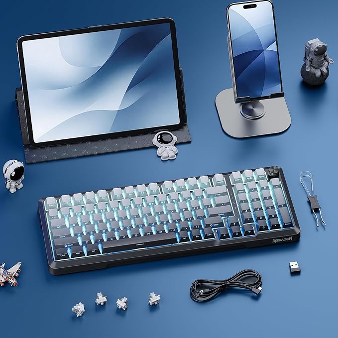 Redragon Wireless Mechanical Keyboard with Knob,Gasket Structure,Tri-Mode BT5.0/USB-C/2.4GHz Hot Swappable Keyboard,Creamy Sound,RGB Backlit PBT Keycaps Computer Gaming Keyboards,K688SP
