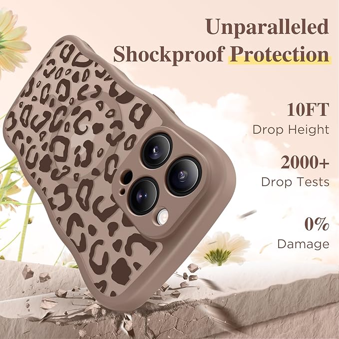 GVIEWIN for iPhone 16 Pro Max Case Compatible with MagSafe [Curly Wave Edge][Full Camera Protection] Floral Translucent Shockproof Magnetic Women Phone Case for 16 Pro Max, Leopard/Brown