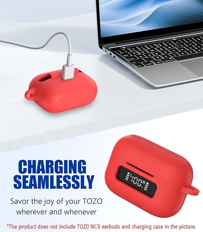 for TOZ0 NC9(2024) Case Cover, Silicone Protective Battery Display Visible Design Cover ONLY for TOZO NC9 Hybrid Active Noise Cancelling Wireless Earbuds 2024 Version with Carabiner-Red