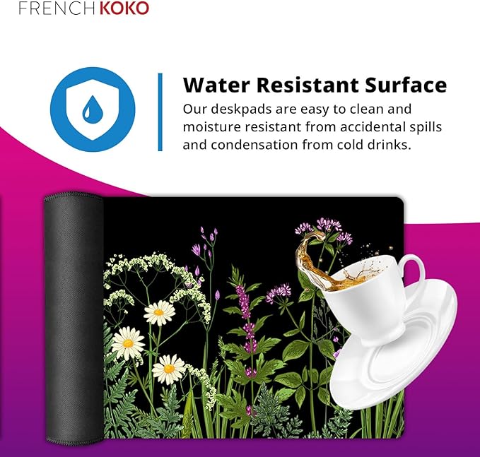 French KOKO Desk Mat, Large Desk Pad Large Mouse Pad Cute Desk Accessories Home Office Essentials Floral Desk Mat Desk Pad Mat for Keyboard Mouse Desk Pads On Top of Desks Computer Women Girls