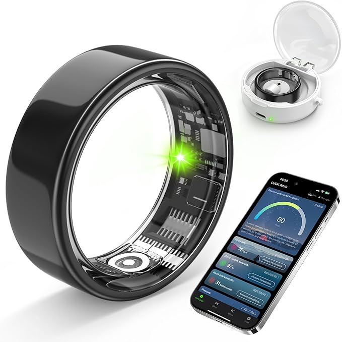 Smart Ring with Sleep Monitoring, Step Counting, Heart Rate for iPhone and Android, No Subscription Fee, IP68 Waterproof Health Tracker (Black, 7)