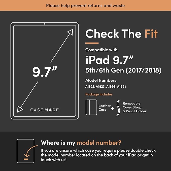 Casemade Real Leather Case Compatible with iPad 9.7” 5th/6th Gen (2017/2018) - Full-Grain Leather Cover, Auto Sleep/Wake, Dual Stand Position (Black)