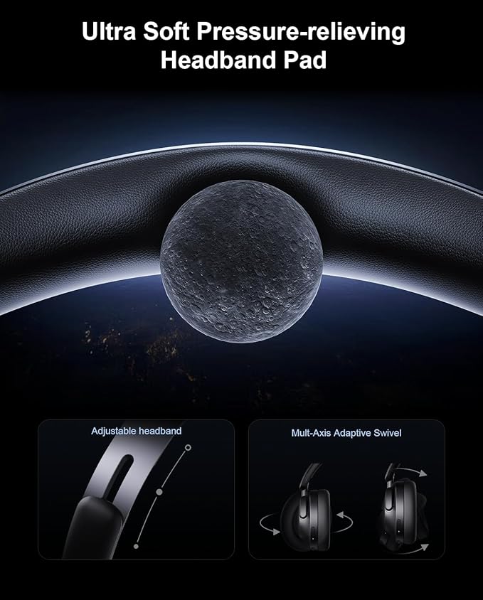Hybrid Active Noise Cancelling Headphones, Over-Ear Bluetooth Headphone with Hi-Res Audio, 60H Playtime, Deep Bass, Transparency Mode, Foldable Comfort Ear Cups, Ideal gift for Travel Office - Black