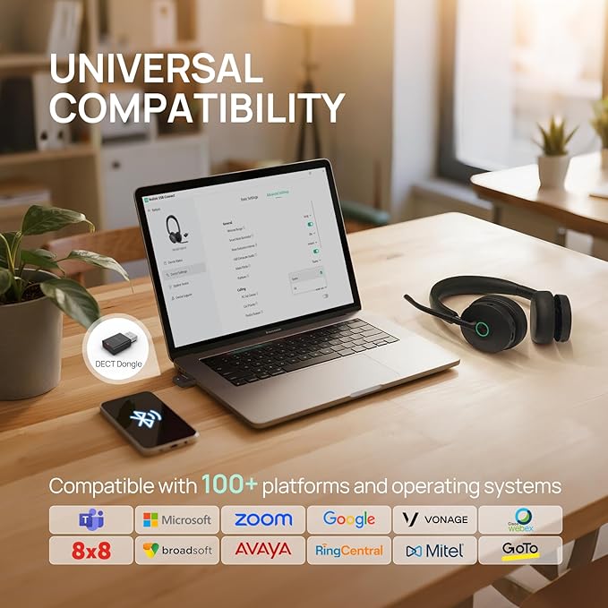 Yealink WH68 Hybrid Wireless Headset with ANC, DECT 6.0 & Bluetooth Dual-Connect, 492ft Range, 6-Mic Noise Cancelling Office Headphones for Teams, Zoom, 32H Talk Time for PC/Laptop/Smartphone