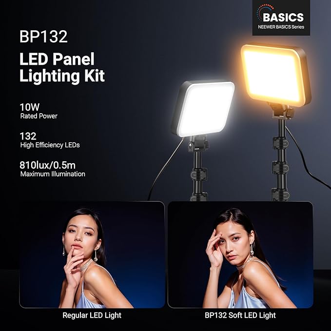 NEEWER Basics 2 Pack LED Video Light Panel Lighting Kit, 6.2" Dimmable Portable Studio Light with 53" Tripod Stand, 3200K-5600K/CRI95+ 810lux for Photography Video Recording Streaming Podcast, BP132