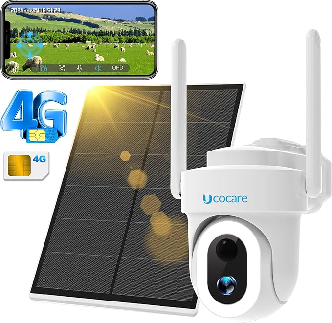UCOCARE 4G LTE Cellular Security Camera Solar, No WiFi Outdoor Camera with SIM Card, 4MP HD 360° Pan Tilt, Color Night Vision, Motion Alerts, Off-Grid Camera for Farm Ranch Cabin Construction Site