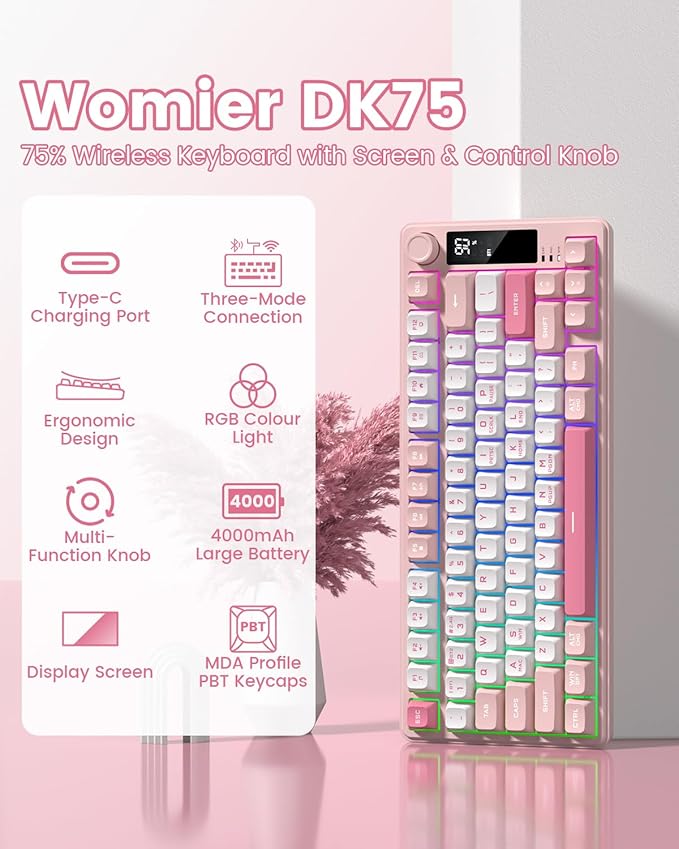 Womier DK75 75% Wireless Gaming Keyboard, RGB Backlit Creamy Keyboard with Multifunction Knob & Screen, Tri-Mode 2.4GHz/USB-C/BT5.0, Anti-Ghosting No-Conflict Silent Membrane Keyboard for MAC Windows