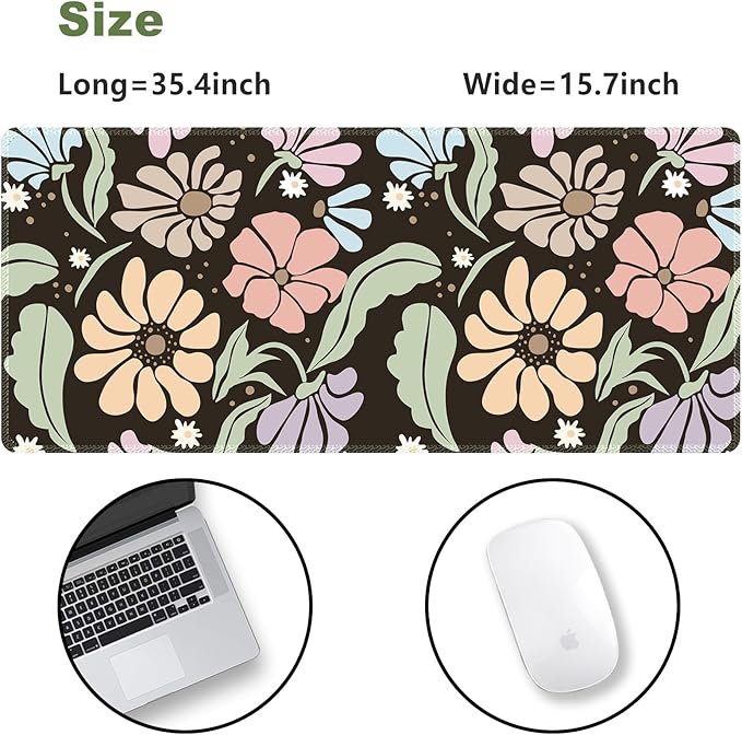 ARTSO Black Large Desk Mat,XXL Gaming Mouse Pad,Non Slip Desk Pad with Rubber Base,Floral Extended Keyboard Mat with Stitched Edges for Office Home School