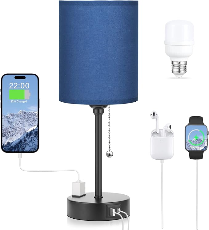 Blue Table Lamps 3 Color Temperatures - 3000K 4000K 5000K Bedside Lamps with USB C and A Ports, Pull Chain Lamps for Bedrooms with AC Outlet, Nightstand Lamps with Black Metal Base for Kids Boys