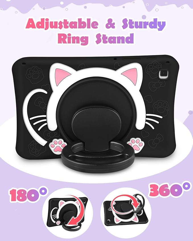 Wazzasoft for Samsung Galaxy Tab S6 Lite 10.4” Case Girls Cute Black Cat Cover Girly Kawaii Cartoon Women Kitten with Rotating Handle Stand & Strap Soft Silicon Funda for Samsung S6 Lite Tablet Cases