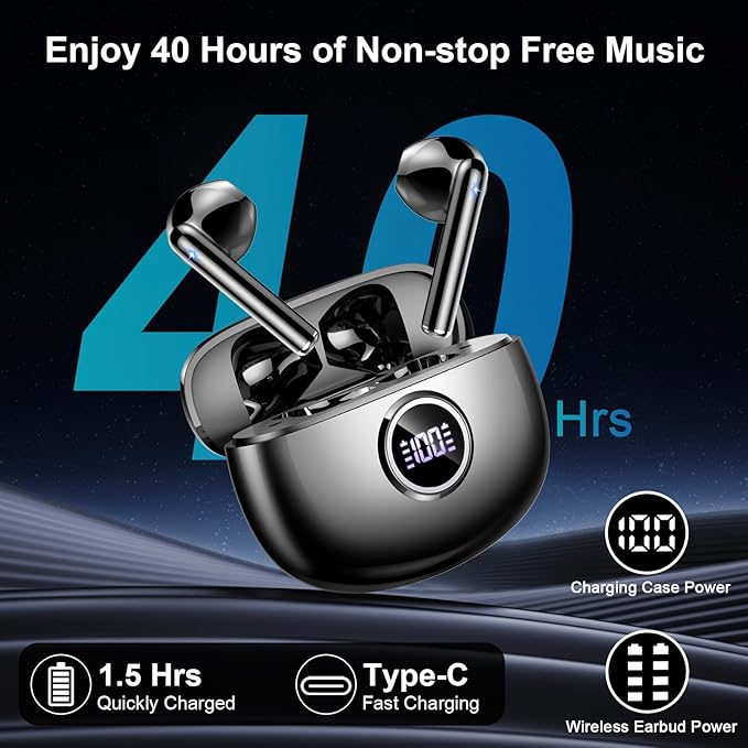 Wireless Earbuds, 2025 Bluetooth 5.3 Headphones HiFi Stereo Ear buds with ENC Noise Cancelling Mics, 40H Bluetooth Earbuds with Dual LED Display, IP7 Waterproof in Ear Earphones for Android iOS, Black