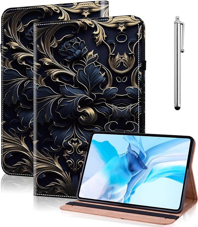 Case for iPad Pro 12.9-Inch 2022/2021/2020/2018 (6th/5th/4th/3rd Generation) with Pen Holder & Card Slots, Premium PU Leather Flip Folio Kickstand Case - Blue Flower