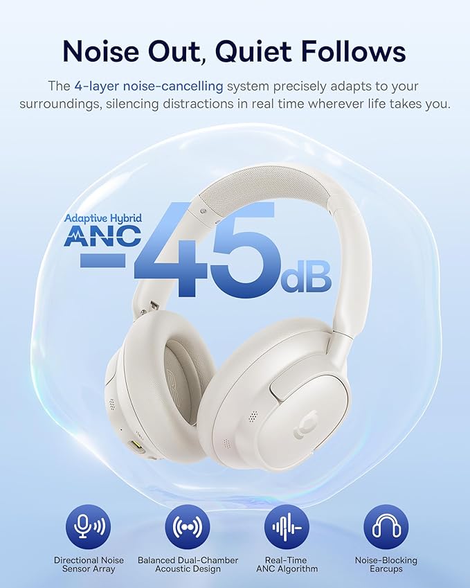 Baseus Bass BH1 NC Adaptive Active Noise Cancelling Headphones, Real-Time Adaptive Hybrid ANC, SuperBass 2.0, LDAC Hi-Res Sound, 80H Playtime, 5-Mic AI Clear Calls, Comfortable Fit, Bluetooth 6.0