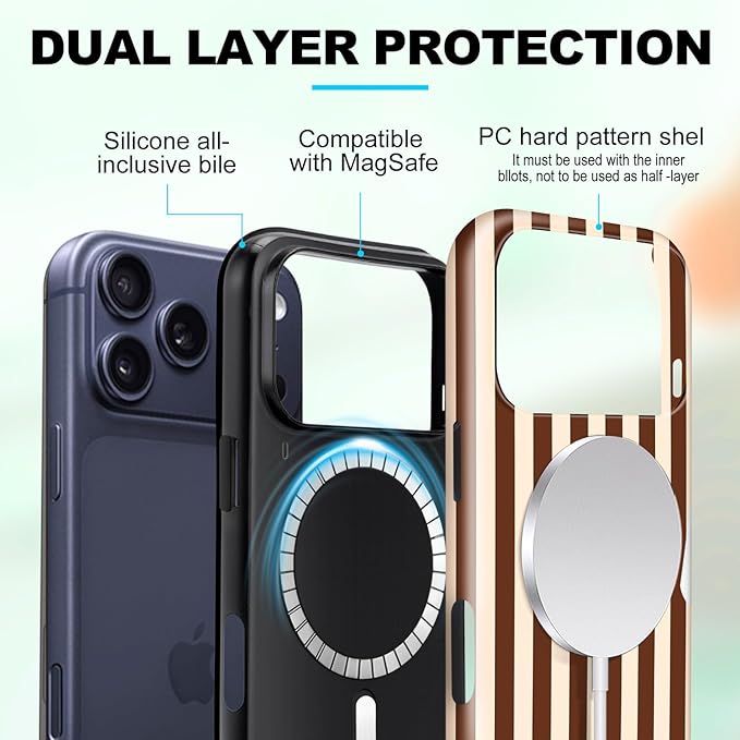Magnetic for iPhone 17 Pro Case Cute Stripes Phone Case, Shockproof Slim TPU and Hard PC Protective Phone Cover Compatible with MagSafe Designed for Women Girls, Brown