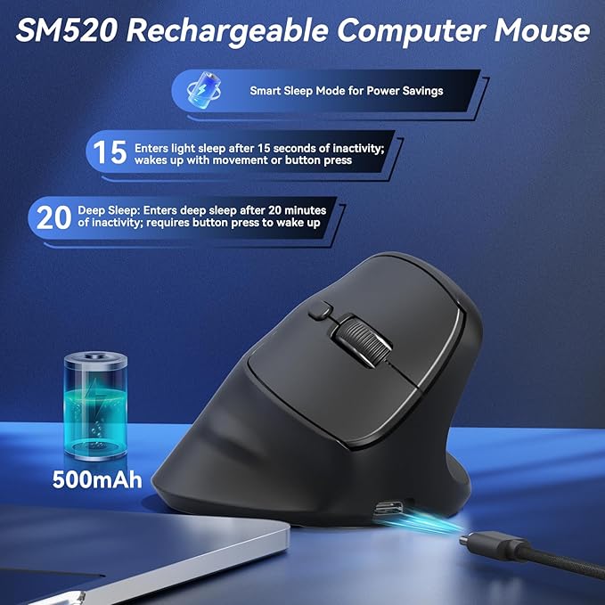 SOLAKAKA SM520 Ergonomic Mouse with 24000 DPI, Vertical Mouse with Programmable Side Button, Wireless Mouse with Tri-Mode Connection - BT5.0/USB-C/2.4GHz, for Desktop, PC, Laptop (Black)