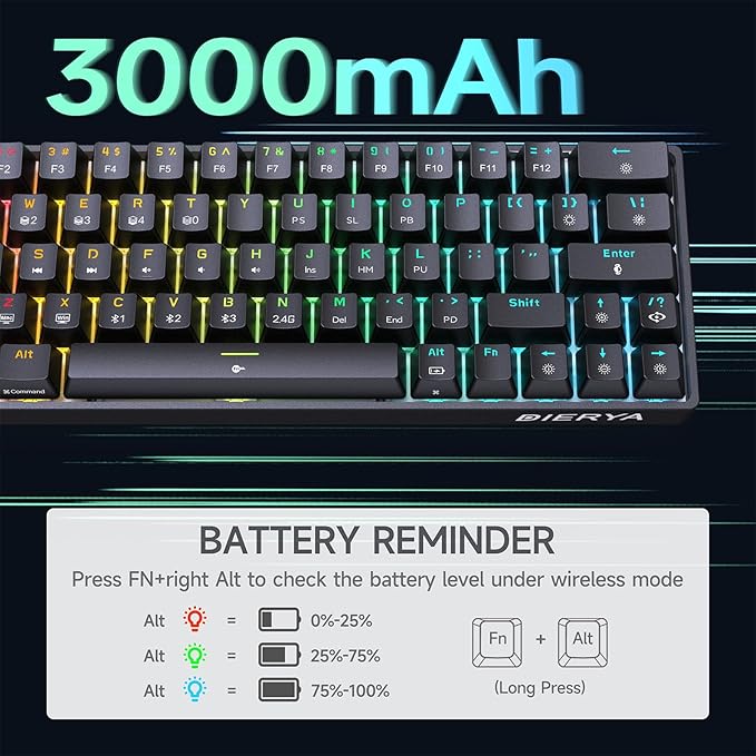 DIERYA DK63 60% Wireless Mechanical Gaming Keyboard | Bluetooth/2.4G/Wired Keyboard | RGB Backlit Compact 63 Keys Mini Office Keyboard | with Red Switch | for Windows Laptop PC Gamer Typist-Black