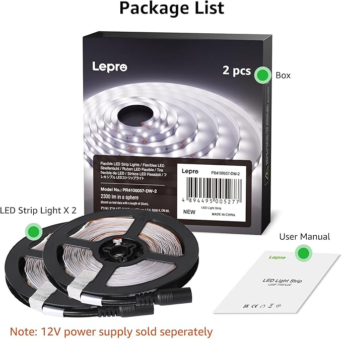 Lepro 12V LED Strip Light, Flexible, SMD 2835, 300 LEDs, 32.8ft Tape Light for Home, Kitchen, Party, Christmas and More, Non-Waterproof, Daylight White, Pack of 2(Not Include Power Adapter)