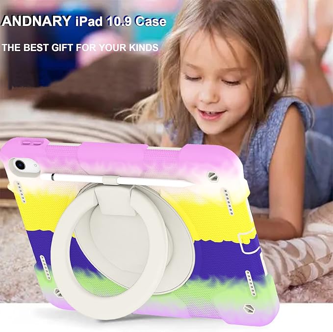 Andnary Case for iPad (A16) 11th Generation 11 inch 2025/10th Generation 10.9 inch 2022, Shockproof Cover with Screen Protector/360° Rotate Handle/Bracket/Pen Holder/Shoulder Strap (Colorful Purple)