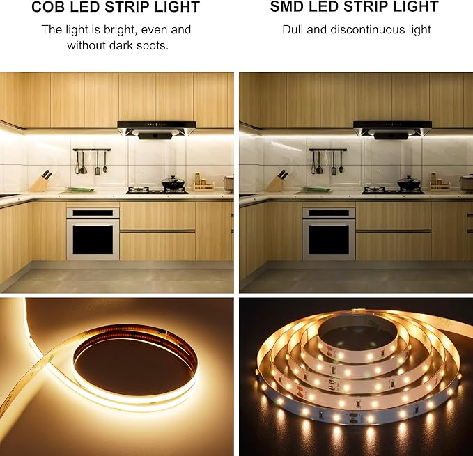 AXMOTUT COB LED Strip Light Warm White, High Bright LED Lights with 2400LEDs, RF Remote and UL Power Supply, 2700K Dimmable LED Rope Lights for Mirror, Bedroom, Kitchen, DIY Home Decoration