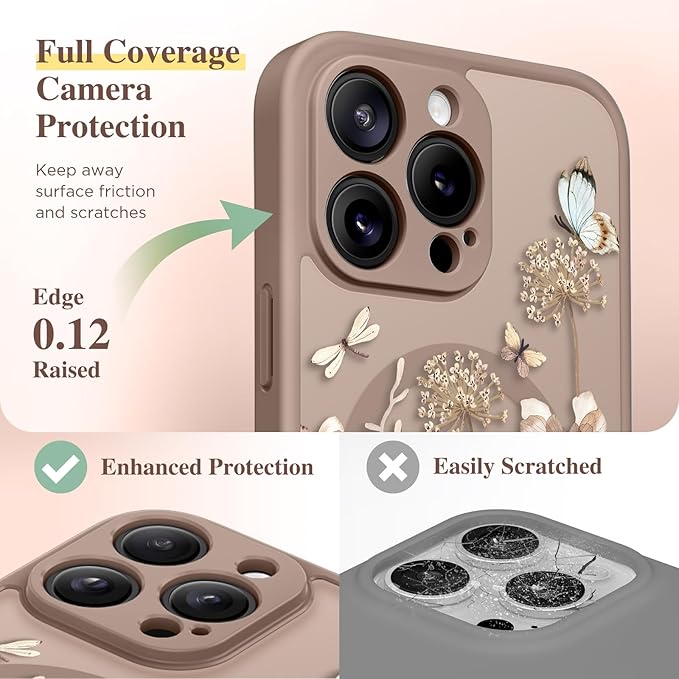 GVIEWIN for iPhone 16 Pro Case Compatible with MagSafe, [Military Grade Protection] [Screen Protector] Full Camera Protection Floral Translucent Women Magnetic Phone Case, Autumnflit/Brown
