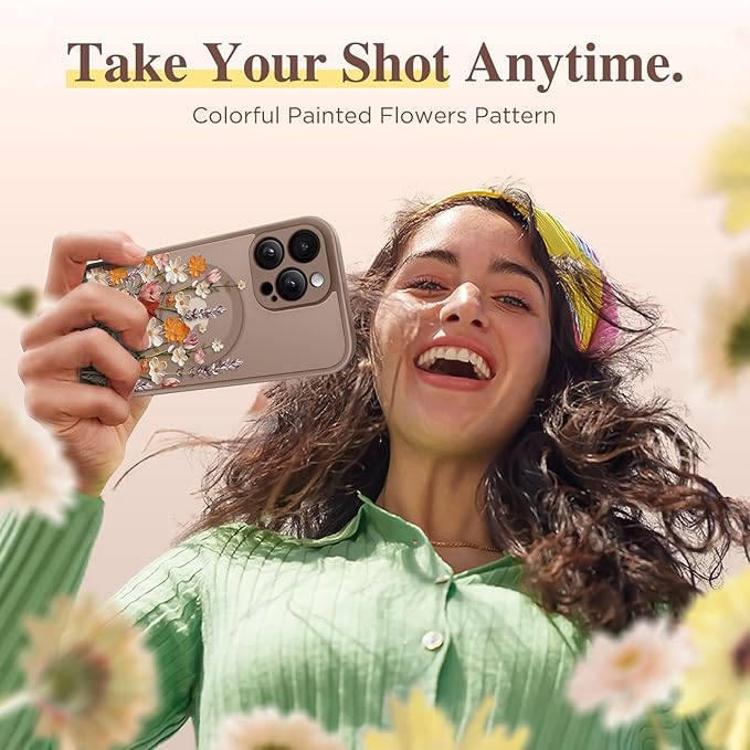 GVIEWIN for iPhone 16 Pro Max Case Compatible with MagSafe, [Military Grade Protection] [Screen Protector] Full Camera Protection Floral Translucent Women Magnetic Phone Case, Primrose/Gold
