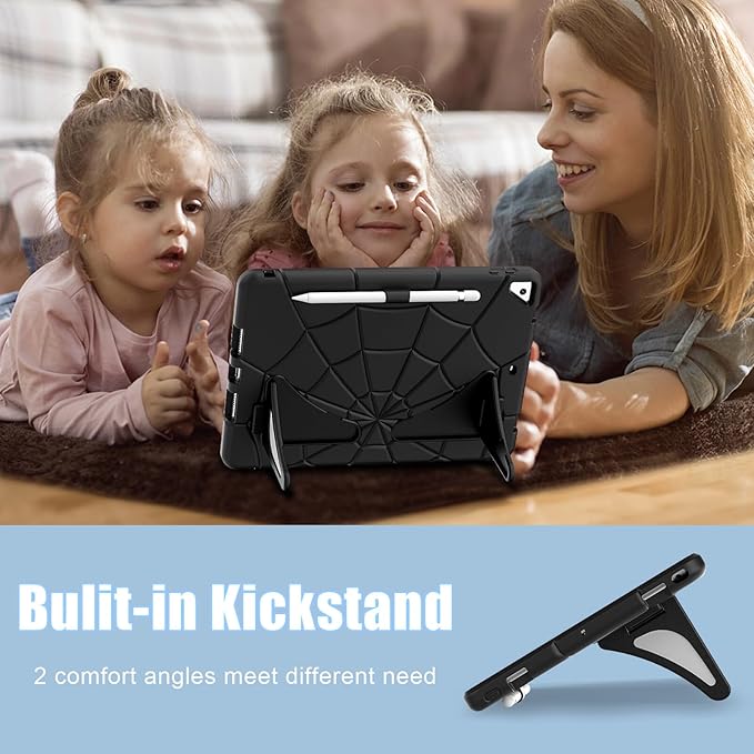 AKABEILA Compatible with Apple iPad 10.2 7th 8th 9th(2019/2020/2021) Tablet Case，Lightweight Shockproof Rugged Protective Cover with Kickstand for Kids Children Boys Babies Black