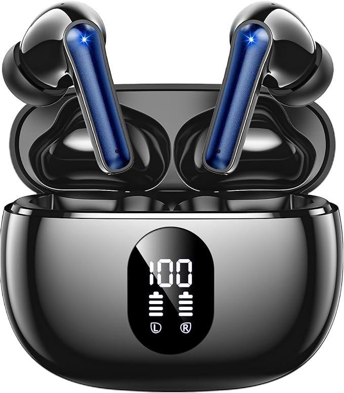 Wireless Earbuds Deep Bass Sound Ear Buds, Bluetooth 5.3 Headphones 48H Playtime, LED Display Earphones with Mic, IPX7 Waterproof Lightweight in-Ear Buds, Touch Control for iPhone TV Laptop Blueblack