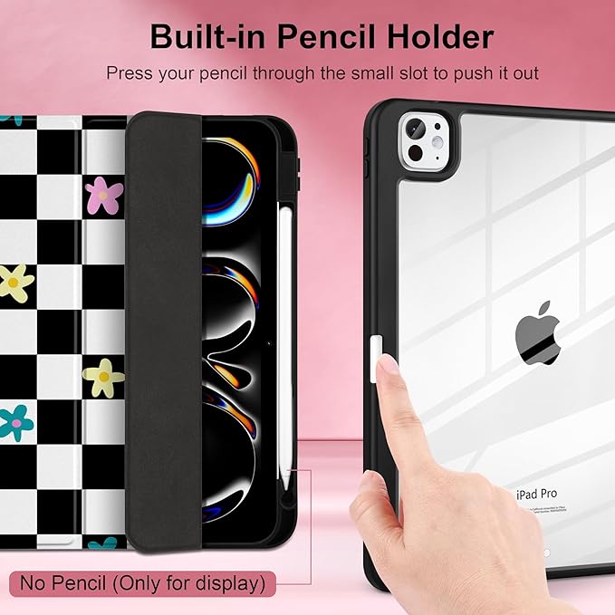 Case for iPad Pro 11 inch (M5) 2025 (M4) 2024 Release Slim Lightweight Cute Black Leather Cover with Clear Back TPU Edge Pencil Holder Trifold Stand, Grid