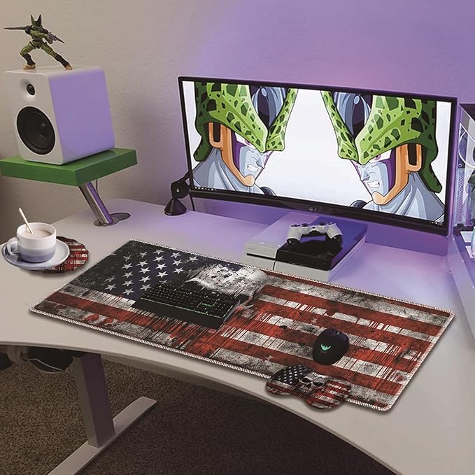 Extended Non-Slip Mouse Pad + Mouse Wrist Rest + Lace-Shaped Coaster Set, Ergonomic Design, Suitable for Desk and Home Gaming Table Mat, A Cross and an American Flag