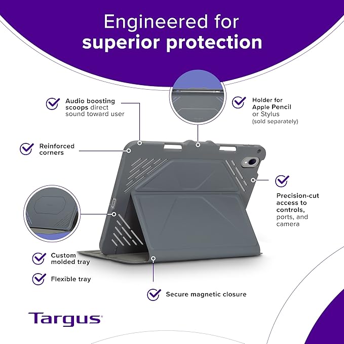 Targus Pro-Tek iPad 10th Generation Case 2022 10.9 Inch Magnetic Military Grade Drop Protection Cover, Models A2696 A2757 A2777, Black (THZ934GL)