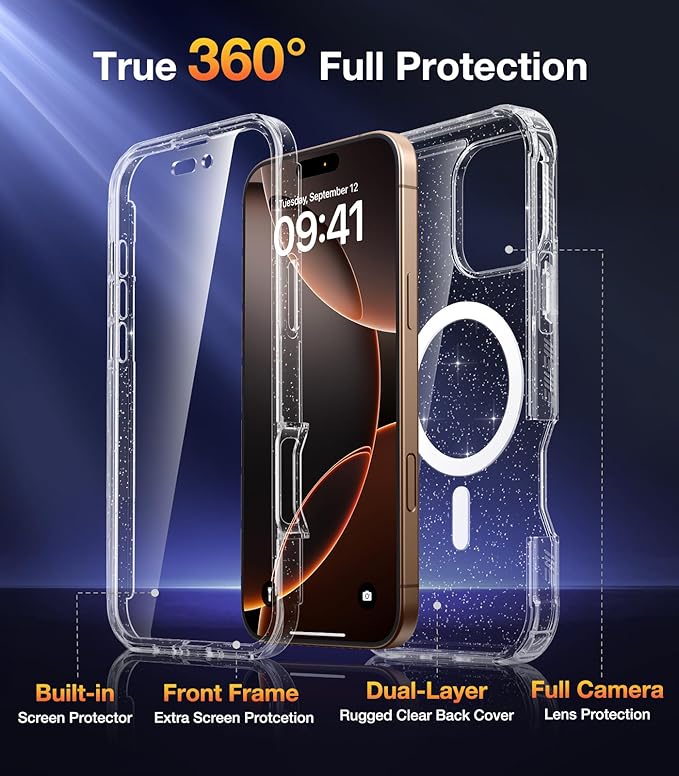 Diaclara Magnetic Designed for iPhone 16 Pro Max Case, Full Body Rugged with Touch Sensitive Anti-Scratch Screen Protector, Compatible with MagSafe for iPhone 16 Pro Max 6.9'', Clear Glitter