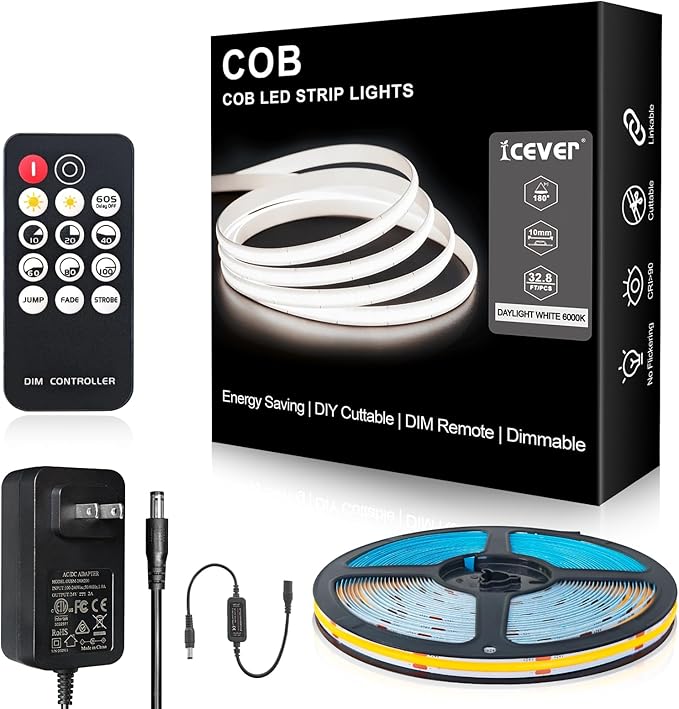 COB LED Strip Lights, ETL Listed Daylight White Light Strip 6000K, 32.8ft 24V COB Lights with 3200 LEDs, CRI 90+, Remote, 24V Adapter, LED Light for Cabinets, Home Lighting Indoor Decoration