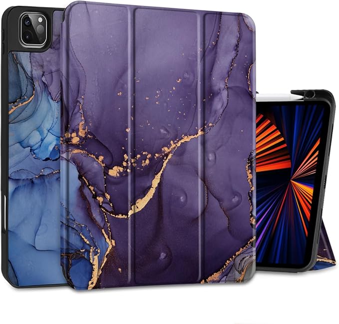 DONGKE Case for 2022/2021/2020/2018 iPad Pro 11 inch Gen 4/3/2/1 - Slim Protective Case - Built in Pencil Holder Support Charging - Trifold Stand & Sleep/Wake Cover - Abstract Marble