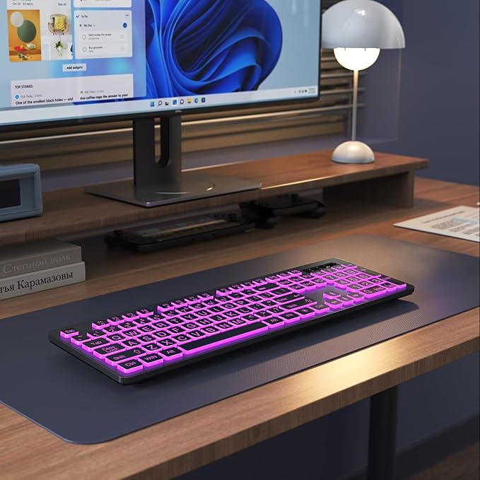KOPJIPPOM Large Print Backlit Wireless Keyboard, 2.4G Silent Wireless Light Up Keyboard, Full Size Computer Keyboards with 7 Colored Backlits, Rechargeable Keyboards for Windows, PC, Laptop