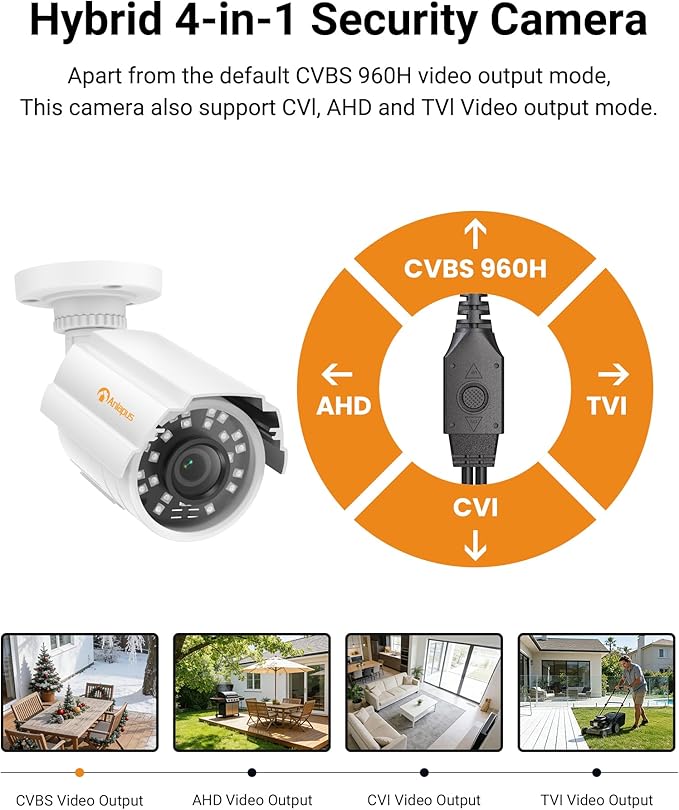 Anlapus 1080P HD Hybrid 4-in-1 Security Camera Outdoor, Night Vision, IP66 Weatherproof, TVI/CVI/AHD/CVBS CCTV Bullet Camera for 1080P/5MP/4K Analog Surveillance DVR System
