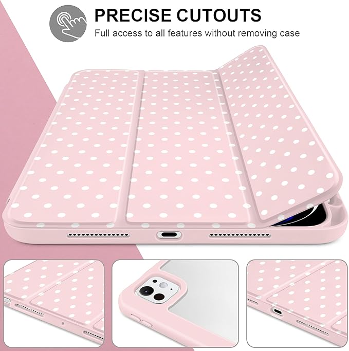 Case for iPad Pro 11 Inch (M5 2025 M4 2024) – [Built-in Pencil Holder], Shockproof & Stylish, Clear Hard Back + Soft TPU Edge, Magnetic Trifold Stand, Auto Wake/Sleep, Pink White dot