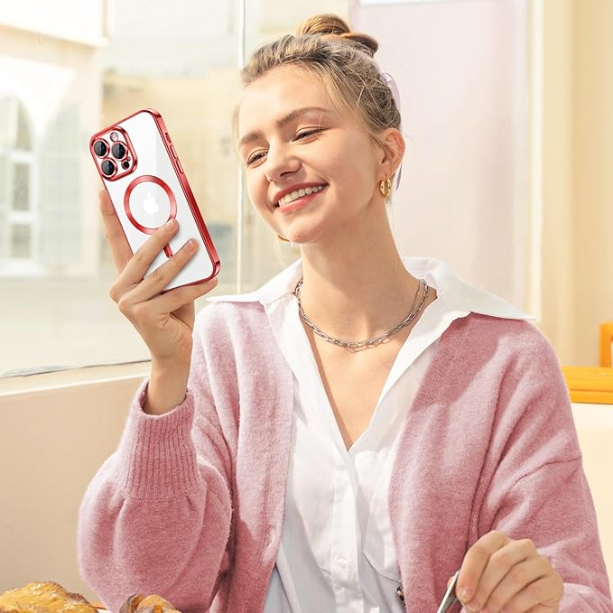 Hython Magnetic Clear for iPhone 13 Pro Case with Camera Lens Protector [Compatible with MagSafe] Luxury Plating Edge Slim Soft TPU Cover Protective Phone Case for iPhone 13 Pro 6.1", Red